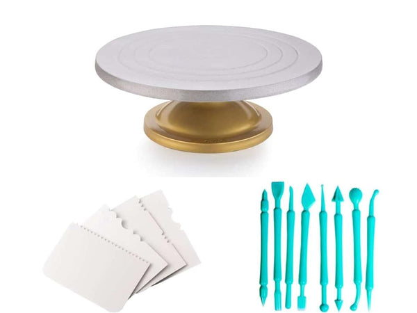 Cake Decorating Combo: Baking Set with 360° Rotating Stand, Scraper, Fondant Tools